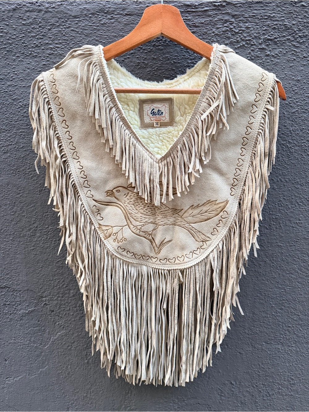 Vintage Gaitan Genuine Leather Mexico Fringe Poncho | Boho Western Suede Cape - Picture 3 of 8